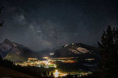 Scenic view of lake and mountains against sky at night