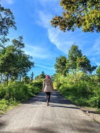 Rear view of woman walking on footpath amidst trees