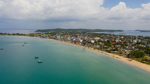 Top view of city of trincomalee with hotels on the beach. a famous tourist destination in sri lanka.