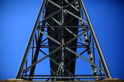 Low angle view of metal structure against clear blue sky