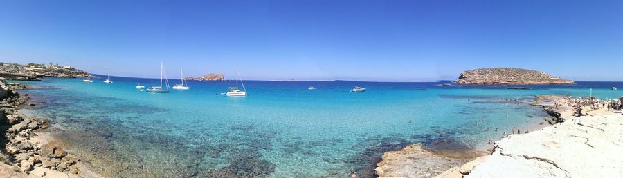 Panoramic shot of sea against clear blue sky