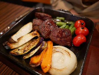 High angle view of food served on table