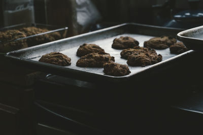 Close-up cookies on tray in kitchen