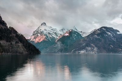 Scenic view of lake and mountains against sky