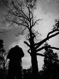 Rear view of silhouette man standing by bare tree against sky