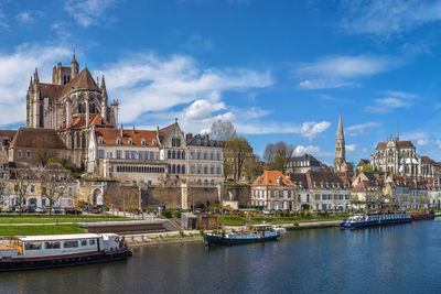 View of auxerre cathedral and abbey of saint-germain from yonne river, auxerre, france