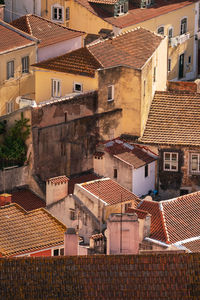 High angle view of houses in city