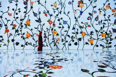 Reflection of plants in water on glass