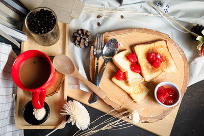 High angle view of breakfast on table