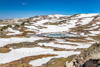 Scenic view of snow covered mountains against blue sky