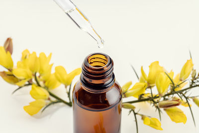 Close-up of yellow flowers on table