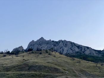 Scenic view of field and mountains against clear blue sky