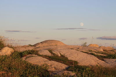 Scenic view of rocks against sky with moon in background. peggys cove