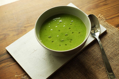 High angle view of soup in bowl on table