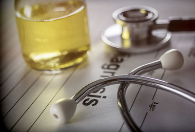 Close-up of beer glass on table