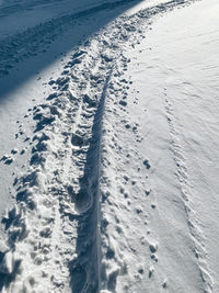 High angle view of footprints on snow covered land