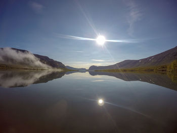 Scenic view of lake against sky on sunny day