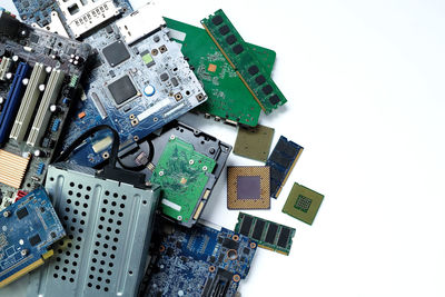 High angle view of machine part on white background