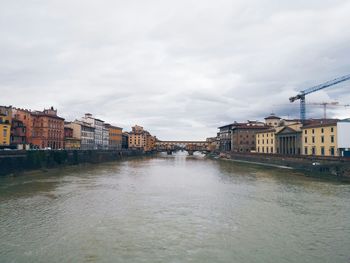 Canal in city against cloudy sky