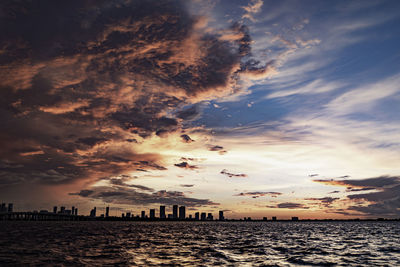 Scenic view of sea and buildings against sky during sunset