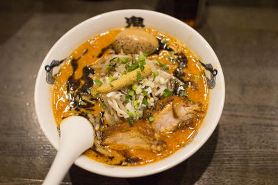 High angle view of food in bowl on table