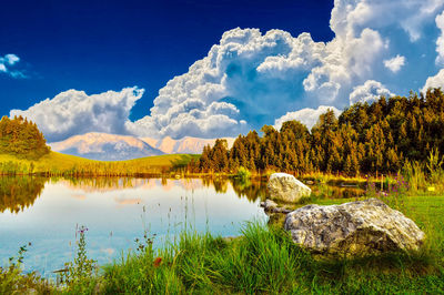 Scenic view of lake by trees against blue sky