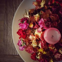 High angle view of flowers in plate on table