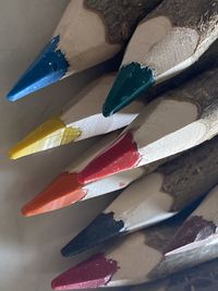 High angle view of multi colored pencils on table