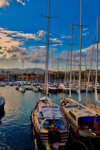 Sailboats moored at harbor against sky