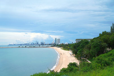 Panoramic view of sea and buildings against sky