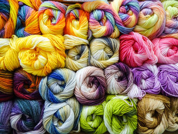 Full frame shot of colorful wool for sale in store