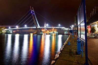 Illuminated bridge over river at night