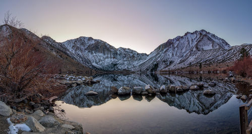 Scenic view of lake and mountains against sky