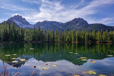 Scenic view of lake by mountains against sky