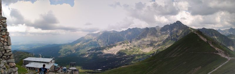 Panoramic view of mountains against cloudy sky