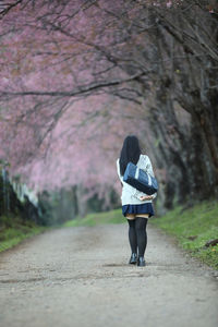 Rear view of woman walking on road amidst trees