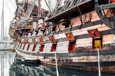 Boats moored on shore