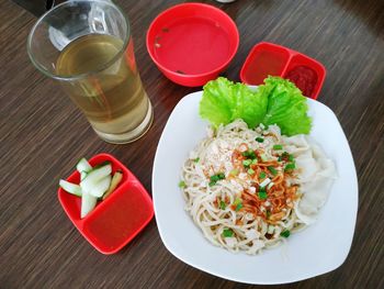 High angle view of food served on table