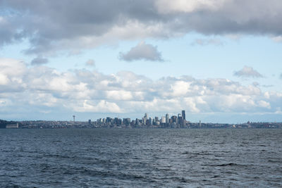 Panoramic view of sea and cityscape against sky