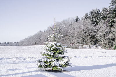 Snow covered field against clear sky