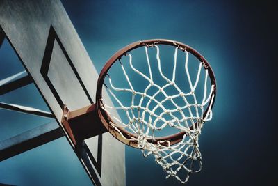 Low angle view of basketball hoop against clear sky