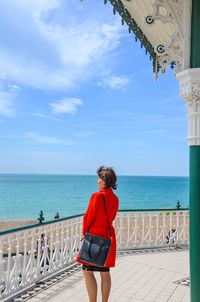 Rear view of man looking at sea against sky