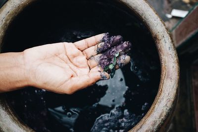 Close-up of hand holding crushed fruits