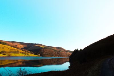 Scenic view of lake against clear blue sky