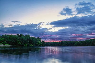 Scenic view of lake against sky at sunset