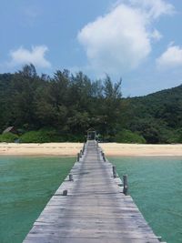 Pier amidst trees against sky