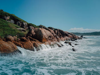 Scenic view of sea against clear blue sky