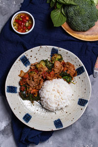 High angle view of meal served on table