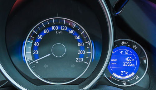 Close-up of speedometer in car