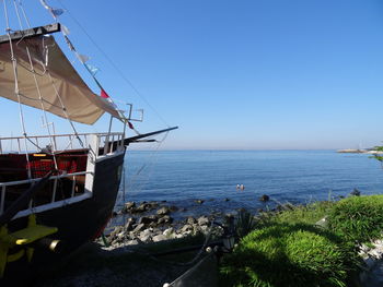 Scenic view of sea against clear blue sky